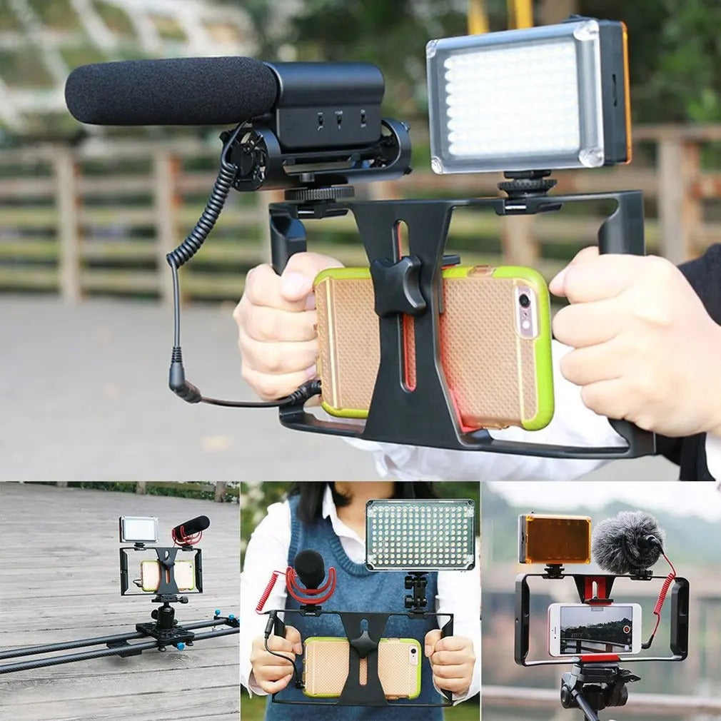 Robust Smartphone Video Rig Stabilizer with Dual Handgrips – Universal Handheld Phone Cage for YouTube, Live Streaming, Vlogging, LED & Mic Mount