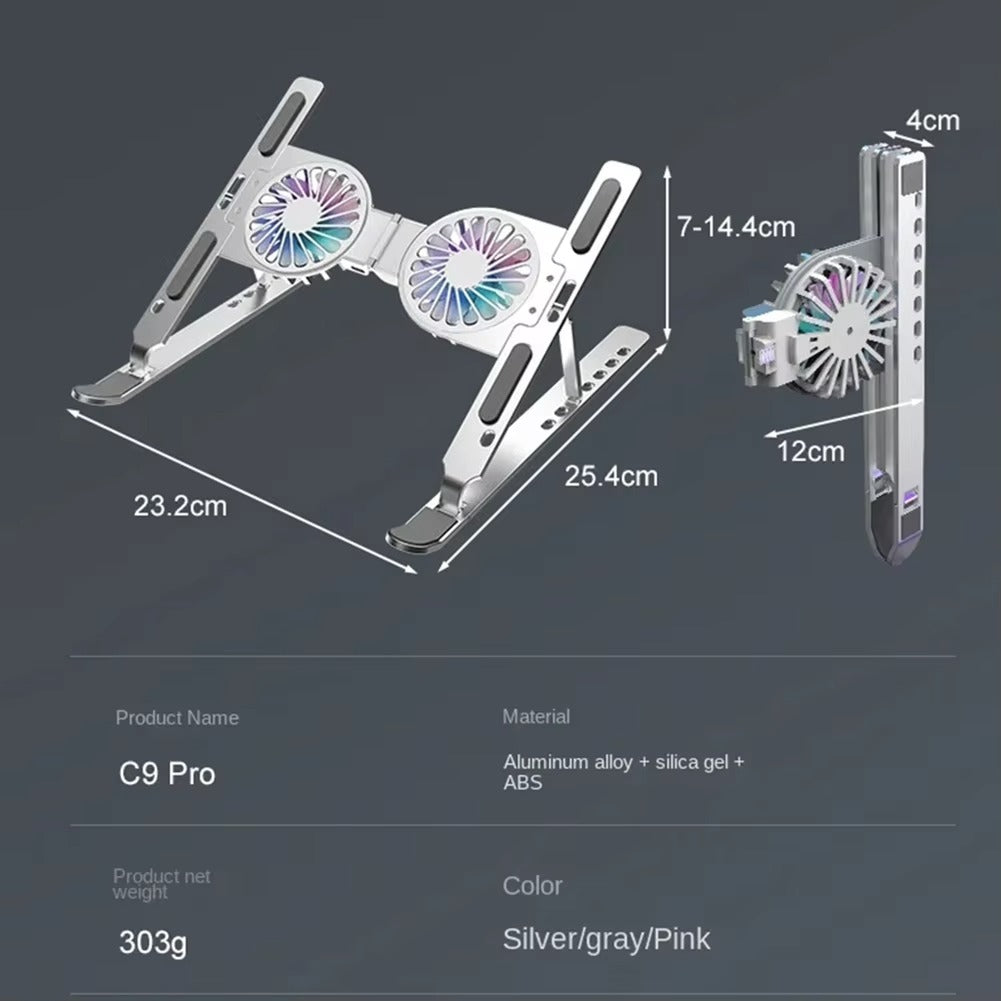 Luxury Aluminum Laptop Stand with RGB Light & Dual Cooling Fans – 7-Level Height Adjustable Notebook Holder, USB Powered, Foldable & Portable for 17" Devices