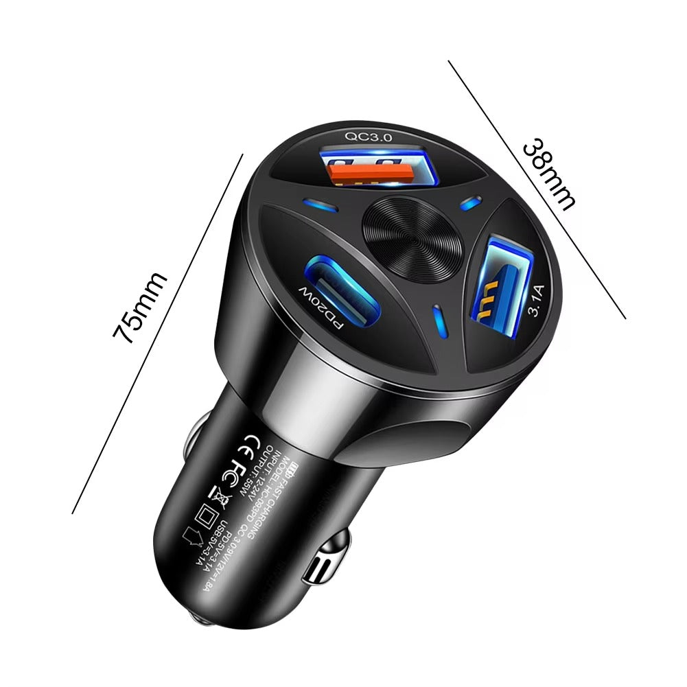 High Speed 55W USB Car Charger Adapter – 4-Port PD & QC3.0 Fast Charging Cigarette Lighter Plug with LED Display, Smart Protection for Phones & Tablets