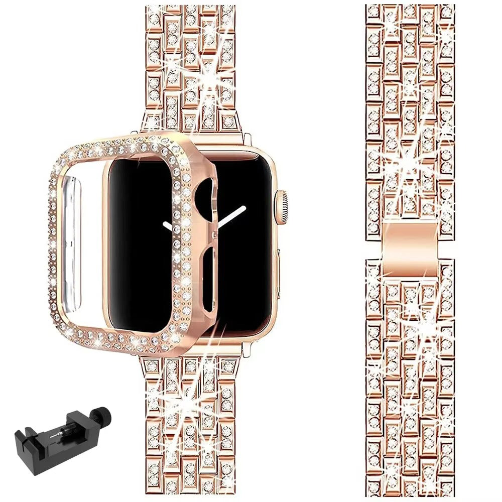 Luxury Glitter Metal Watch Band with Diamond Case – Sparkling Adjustable Strap and Protective Cover for 40mm to 49mm