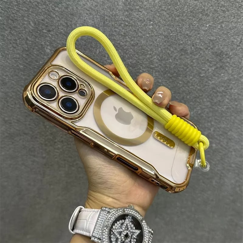 High Quality Apple iPhone Case, MagSafe Compatible, Camera Lens & Screen Protection, Ultra Thin, Shockproof, Magnetic Full All Around Cover – Blade Mecha TPU Transparent Case with Plating Finish & Wrist Strap