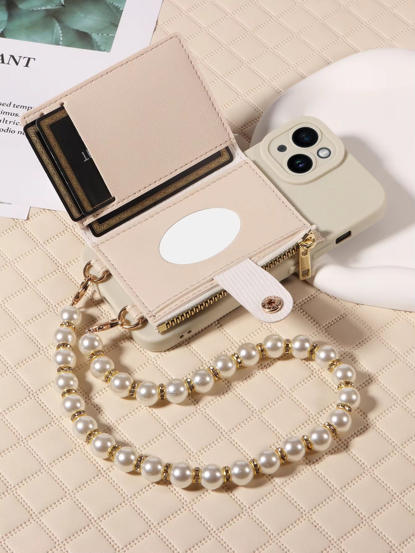 High Quality Apple iPhone Case, MagSafe Compatible, Camera Lens & Screen Protection, Ultra Thin, Shockproof, Magnetic Full All Around Cover – PU Leather Wallet Case with Mirror, Zipper & Pearl Strap