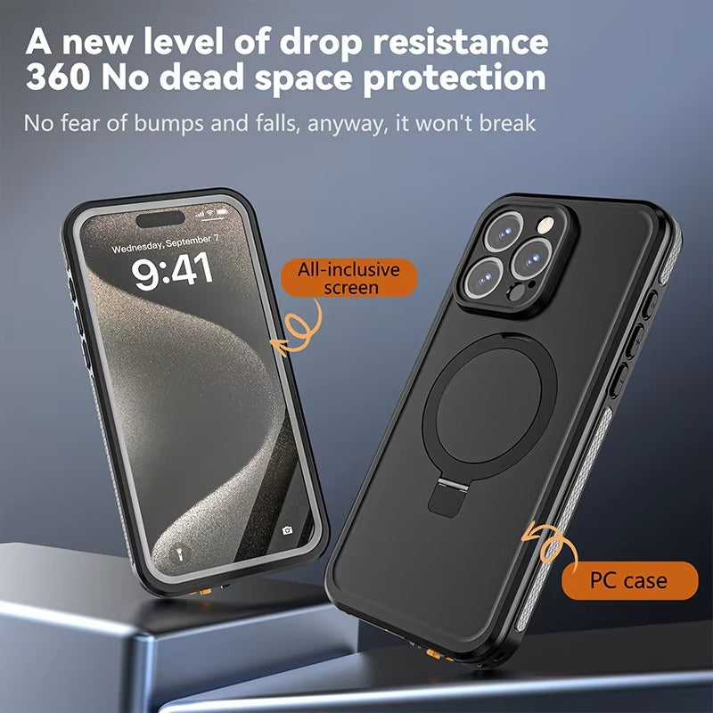 Robust Apple iPhone Case MagSafe Compatible, Camera Lens & Screen Protection, Cover with IP68 Waterproof Stand Design