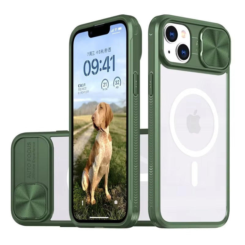 Premium Apple iPhone Case MagSafe Compatible, Camera Lens & Screen Protection, Cover with Slide Lens & Clear Acrylic Back