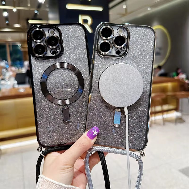 Premium Glitter Crossbody Apple iPhone Case, MagSafe Compatible, Ultra Thin Magnetic Shockproof Full Cover