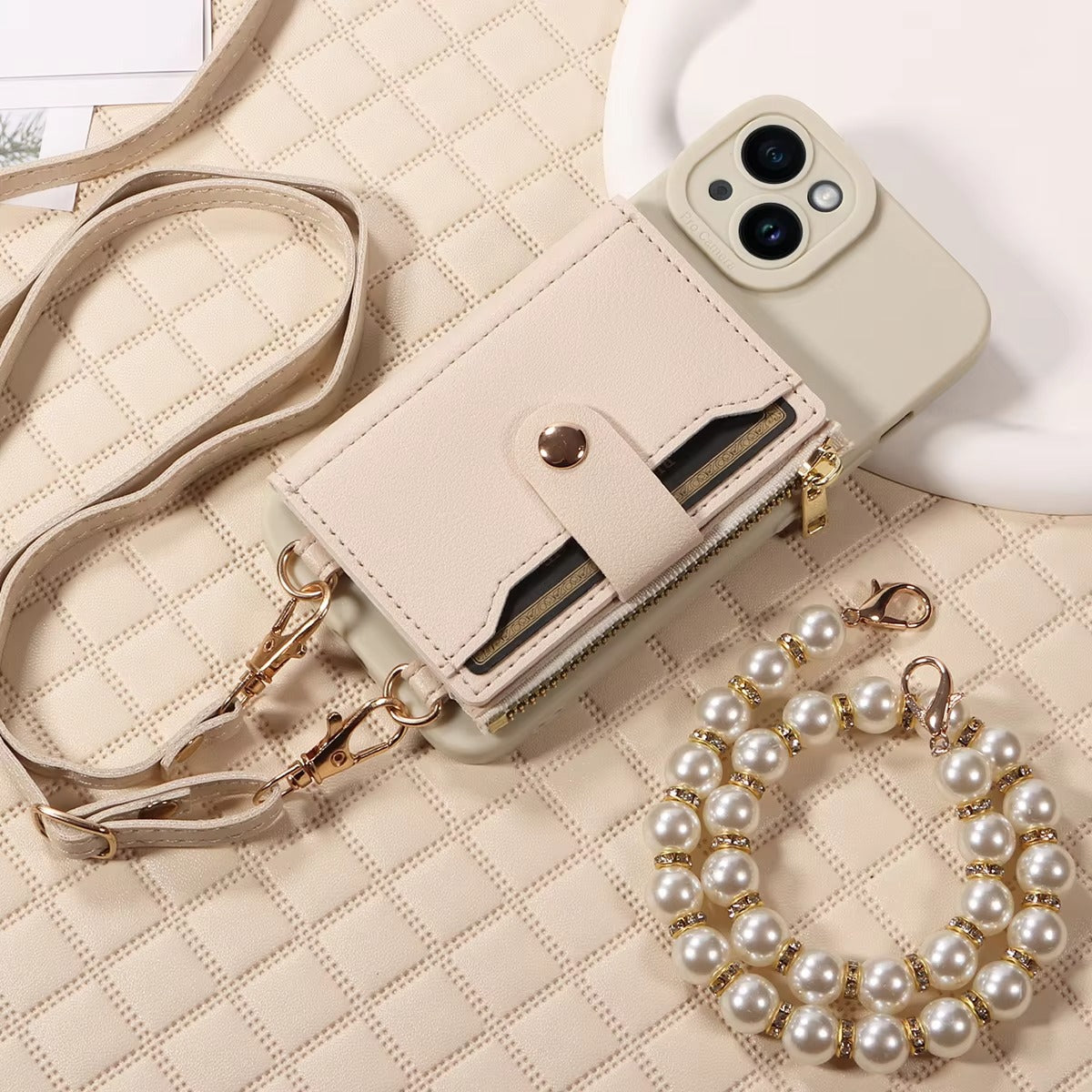 High Quality Apple iPhone Case, MagSafe Compatible, Camera Lens & Screen Protection, Ultra Thin, Shockproof, Magnetic Full All Around Cover – PU Leather Wallet Case with Mirror, Zipper & Pearl Strap