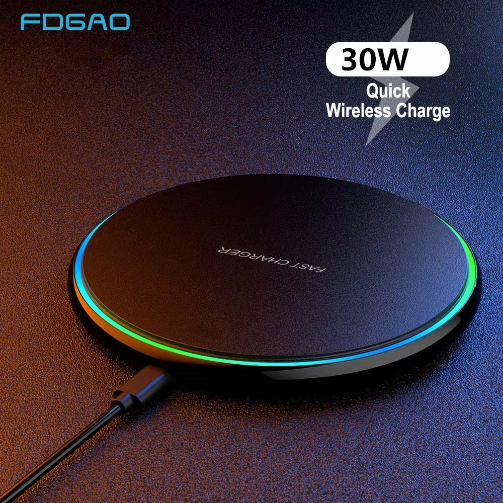 Premium 30W Wireless Charging Pad – Fast USB-C Charger for iPhone & Samsung, Case-Friendly, Overheat Protection, Sleek Zinc Alloy Design, QC 3.0 Compatible