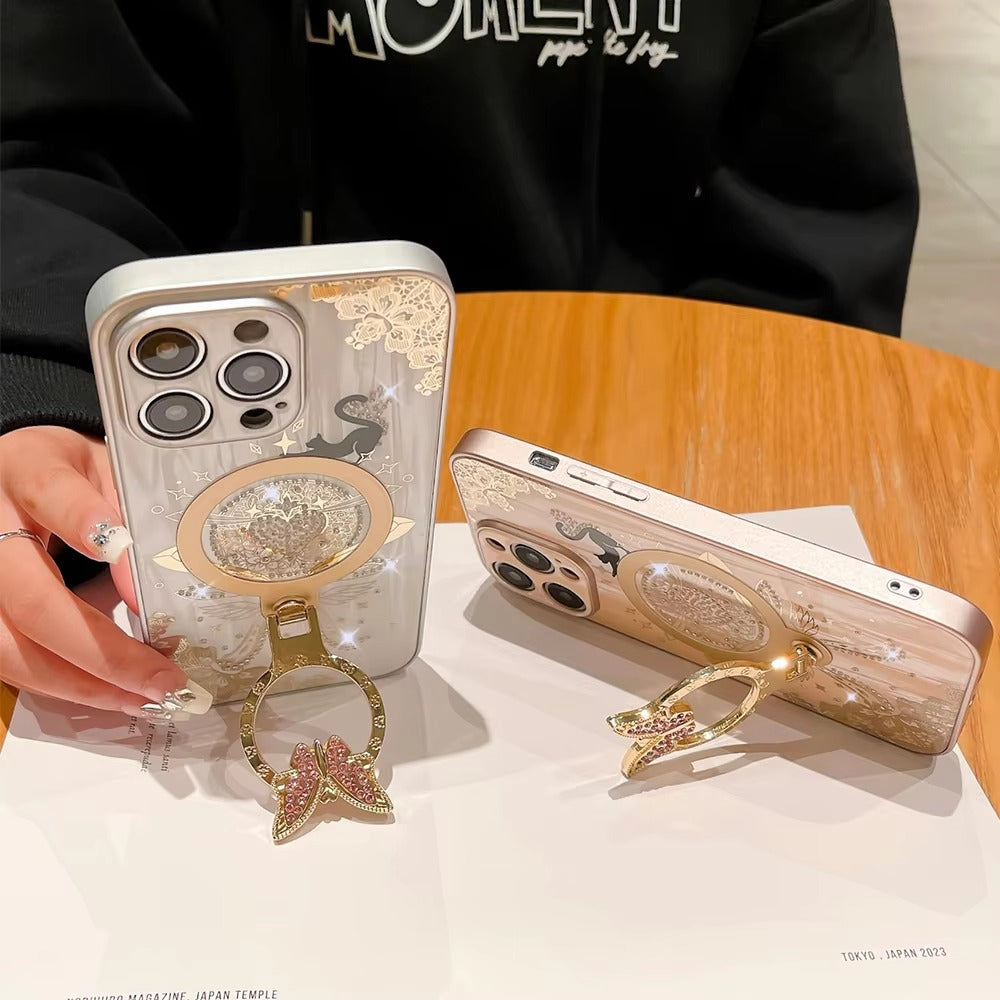 Luxuriöse Apple iPhone Hülle, MagSafe-kompatibel, Kameraobjektiv- und Bildschirmschutz, ultra dünn, stoßfest, magnetisch, vollständiger Rundumschutz, Nachtkatze Ring Cover