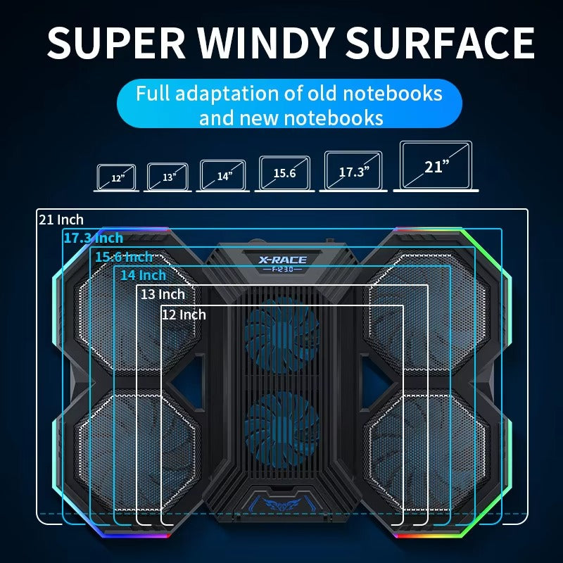 High-Performance, RGB, Gaming Laptop Stand, Air Cooler, Notebook Holder, with 6 Fans, Adjustable, Foldable Base, for 12, 13, 14, 15, 16, 17 Inch Laptops