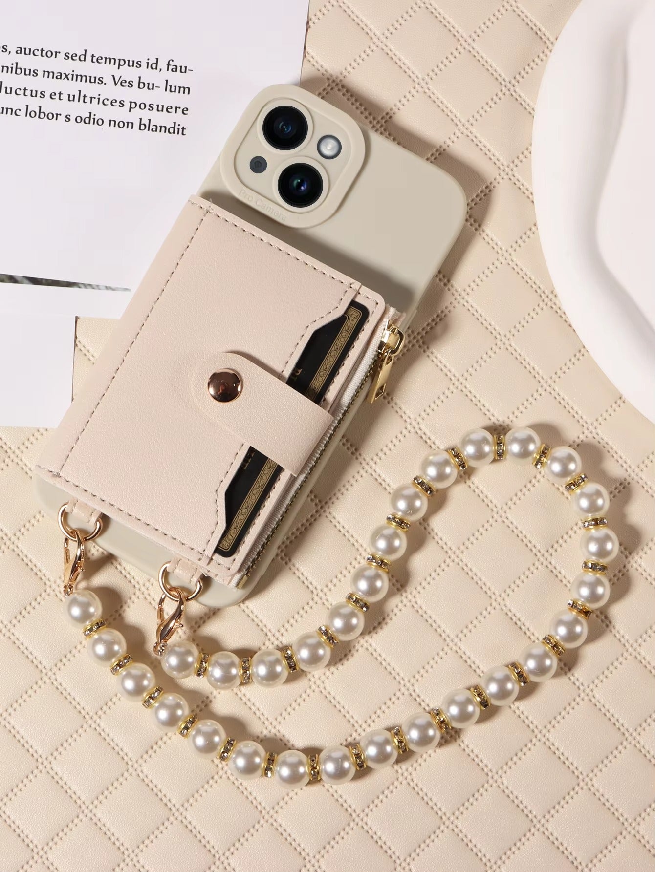 High Quality Apple iPhone Case, MagSafe Compatible, Camera Lens & Screen Protection, Ultra Thin, Shockproof, Magnetic Full All Around Cover – PU Leather Wallet Case with Mirror, Zipper & Pearl Strap