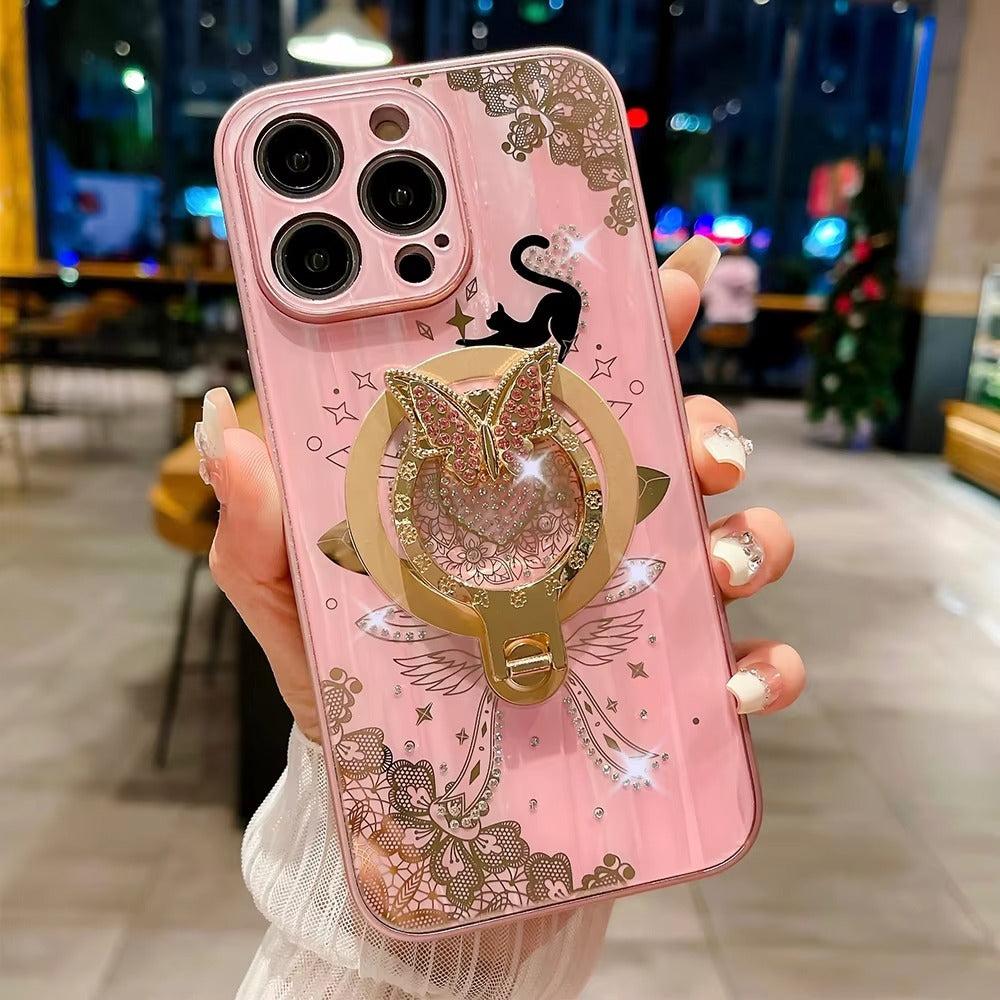Luxuriöse Apple iPhone Hülle, MagSafe-kompatibel, Kameraobjektiv- und Bildschirmschutz, ultra dünn, stoßfest, magnetisch, vollständiger Rundumschutz, Nachtkatze Ring Cover