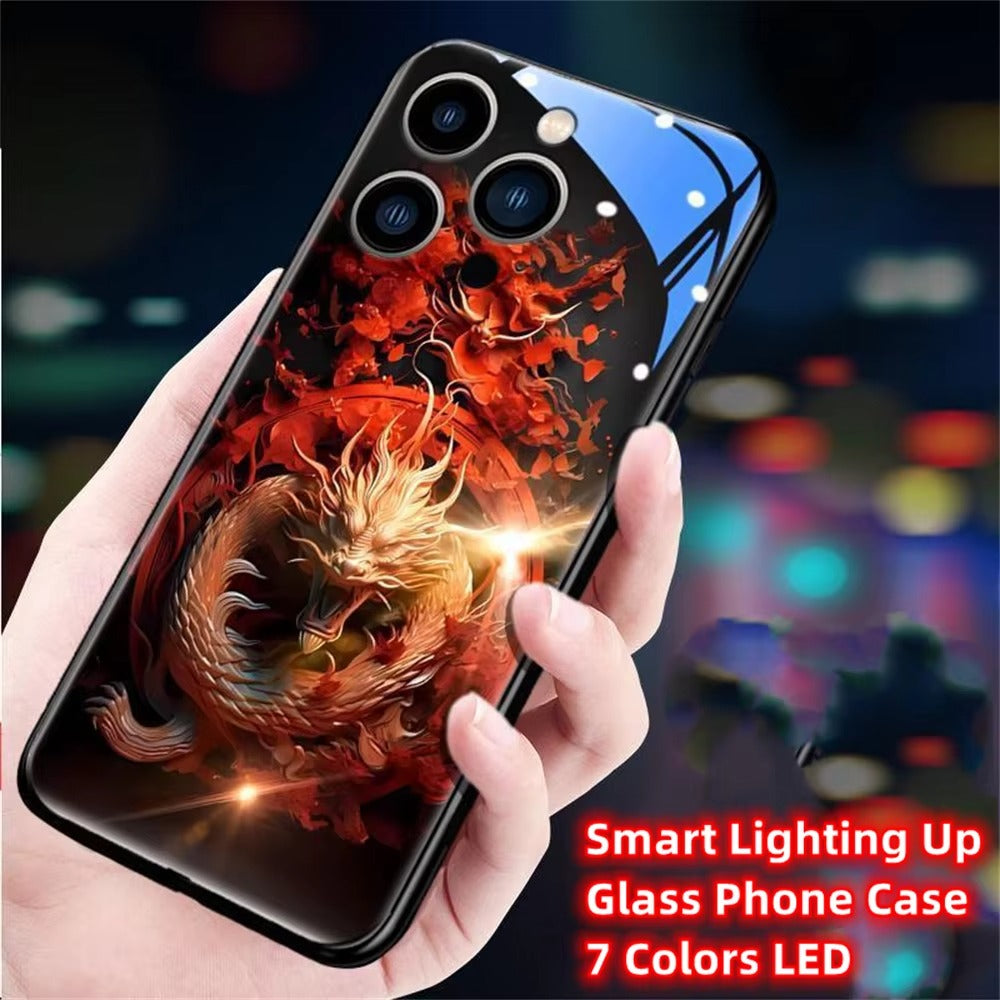 Premium Apple iphone Case, LED Flash, Sound Reactive, Shockproof, Ultra Thin, Full Body Protection, Golden Dragon Luminous Glass Cover