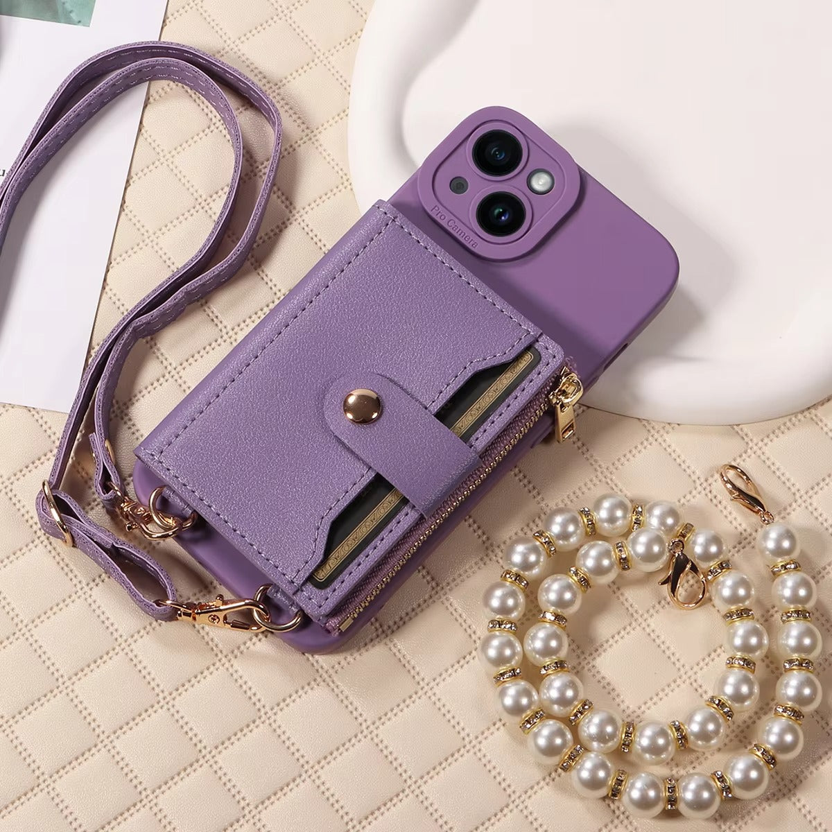 High Quality Apple iPhone Case, MagSafe Compatible, Camera Lens & Screen Protection, Ultra Thin, Shockproof, Magnetic Full All Around Cover – PU Leather Wallet Case with Mirror, Zipper & Pearl Strap