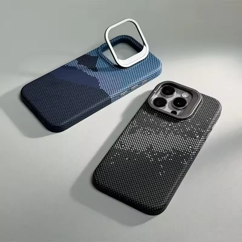 Luxury Apple iPhone Case, MagSafe Compatible, Camera Lens & Screen Protection, Ultra Thin, Shockproof, Magnetic Full All Around Cover – Matte Carbon Magnetic Slim Case with Stand, Lens Guard & Cloud Pattern Design