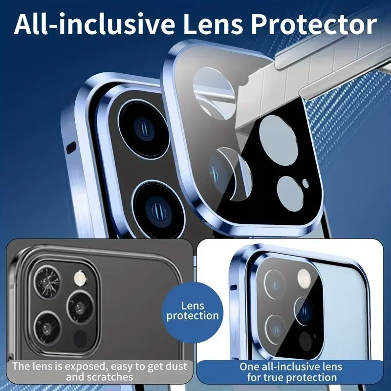 Premium Apple iPhone Case Ultra Thin Shockproof Magnetic Full All Around Protection Cover with Metal Frame Glass Design
