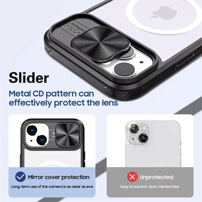 Premium Apple iPhone Case MagSafe Compatible, Camera Lens & Screen Protection, Cover with Slide Lens & Clear Acrylic Back