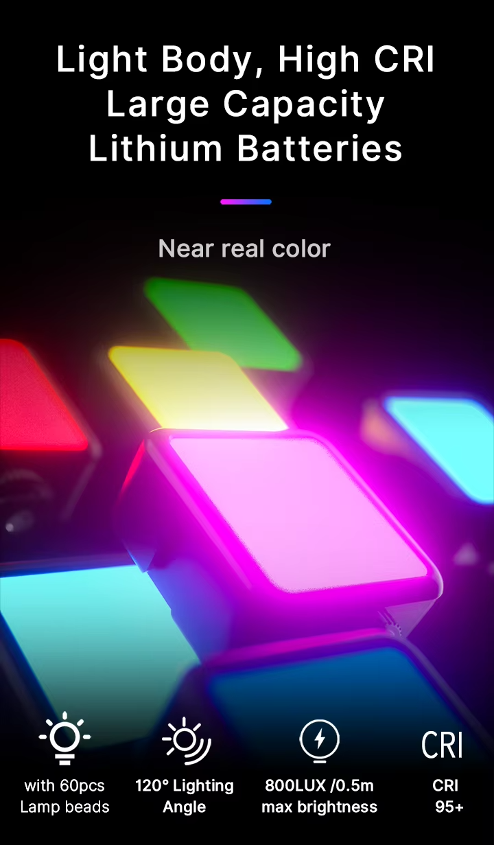 Premium, RGB LED Fill Light – Rechargeable 2000mAh Video Lamp with Cold Shoe, Compact Lighting Kit for Apple iPhone, Camera,