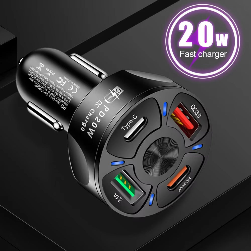 High Speed 55W USB Car Charger Adapter – 4-Port PD & QC3.0 Fast Charging Cigarette Lighter Plug with LED Display, Smart Protection for Phones & Tablets