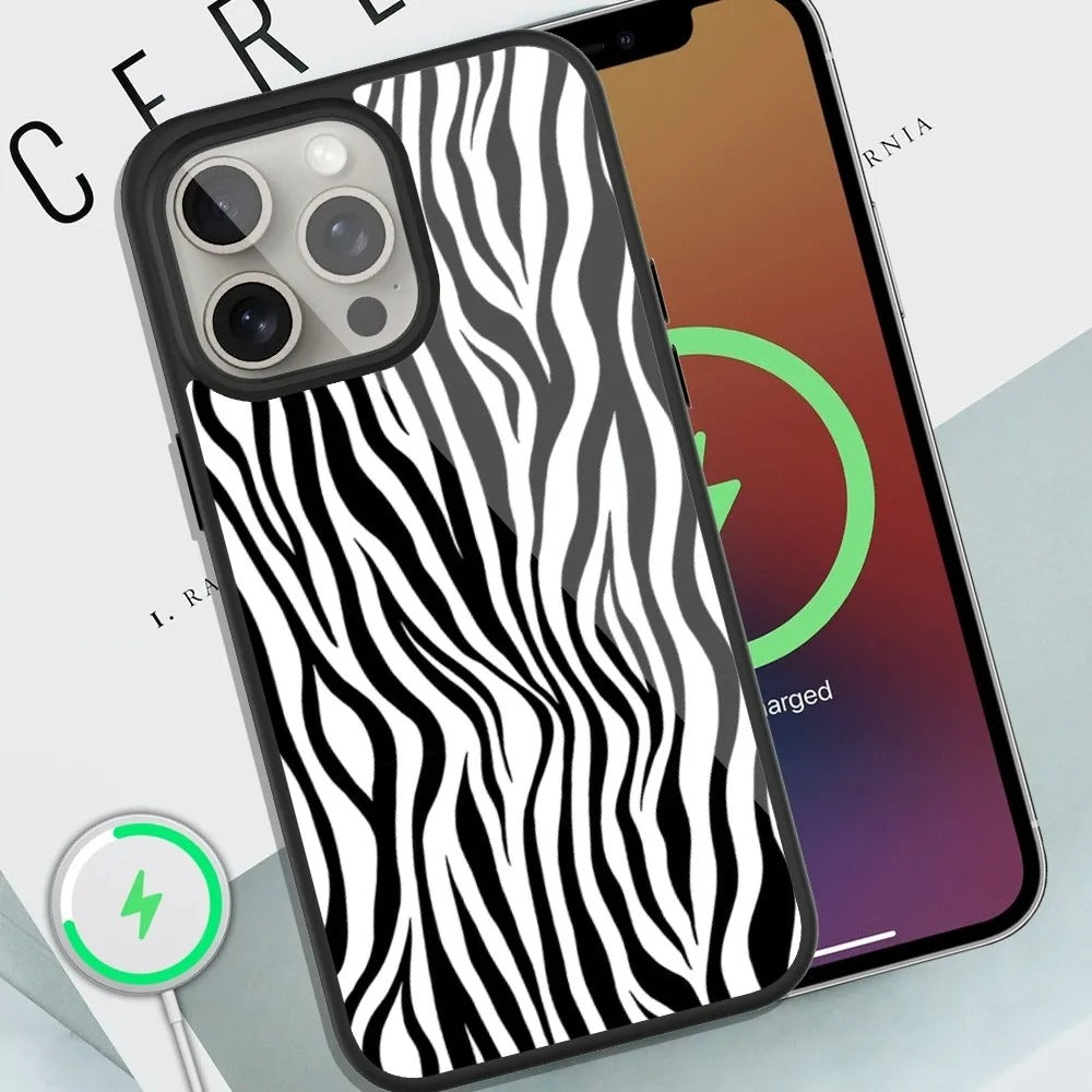 Luxury Zebra Print Apple iPhone Case, MagSafe Compatible, Ultra Thin Magnetic Shockproof Full Protection Cover with Screen Guard and Animal Pattern Style Shell