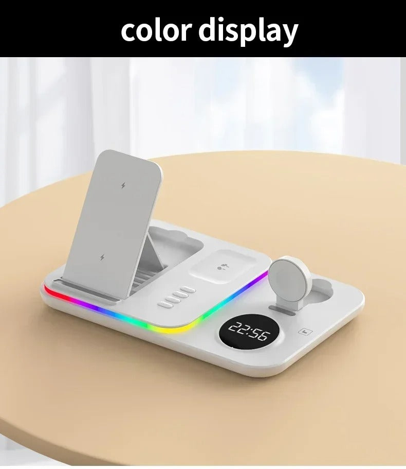Premium 5 in 1 Wireless Charging Station – 30W Foldable Fast Charger Dock with RGB LED Light, Alarm Clock for Phones, Apple Watch, Samsung Watch & AirPods