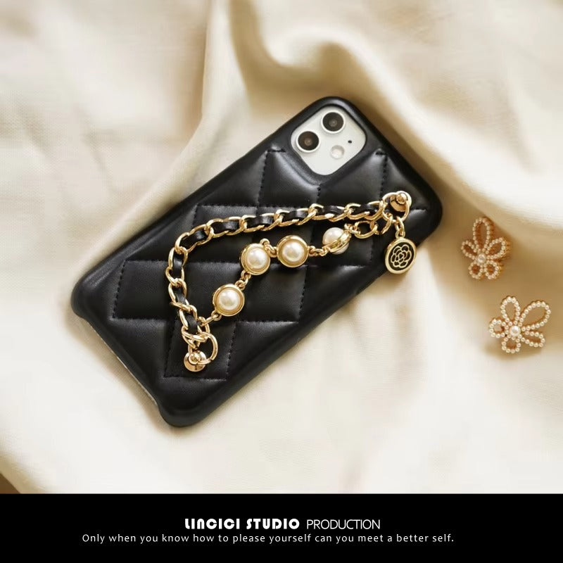High Quality Apple iPhone Case, MagSafe Compatible, Camera Lens & Screen Protection, Ultra Thin, Shockproof, Magnetic Full All Around Cover – Lambskin Leather Handbag Case with Flower Pearl Strap & Long Metal Chain