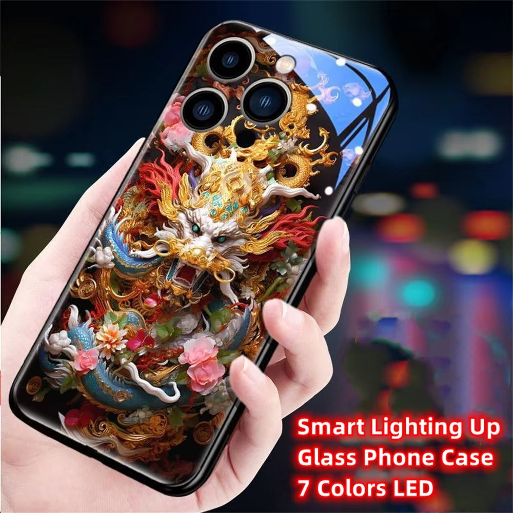 Premium Apple iphone Case, LED Flash, Sound Reactive, Shockproof, Ultra Thin, Full Body Protection, Golden Dragon Luminous Glass Cover