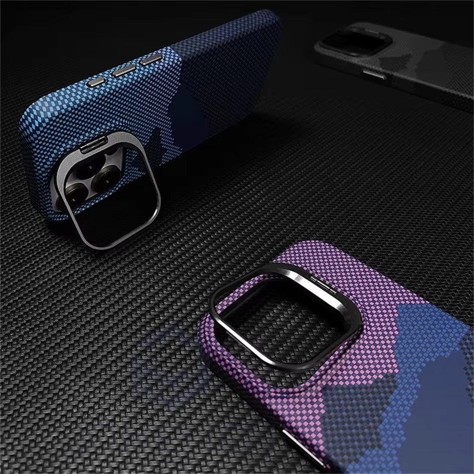 Luxury Apple iPhone Case, MagSafe Compatible, Camera Lens & Screen Protection, Ultra Thin, Shockproof, Magnetic Full All Around Cover – Matte Carbon Magnetic Slim Case with Stand, Lens Guard & Cloud Pattern Design