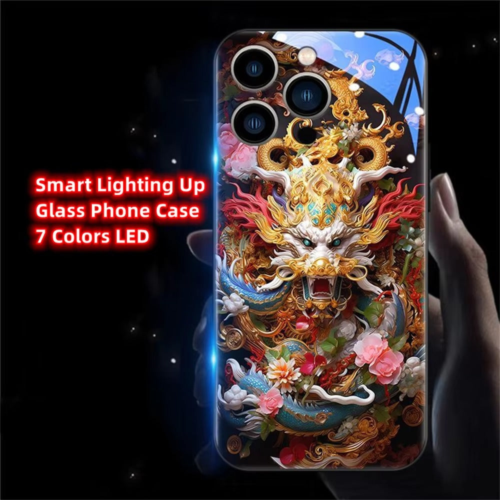 Premium Apple iphone Case, LED Flash, Sound Reactive, Shockproof, Ultra Thin, Full Body Protection, Golden Dragon Luminous Glass Cover