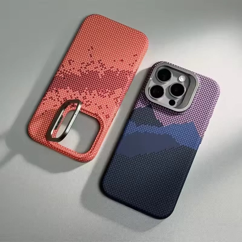 Luxury Apple iPhone Case, MagSafe Compatible, Camera Lens & Screen Protection, Ultra Thin, Shockproof, Magnetic Full All Around Cover – Matte Carbon Magnetic Slim Case with Stand, Lens Guard & Cloud Pattern Design