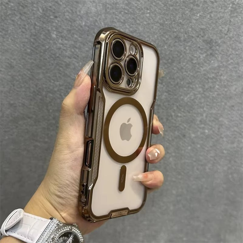 High Quality Apple iPhone Case, MagSafe Compatible, Camera Lens & Screen Protection, Ultra Thin, Shockproof, Magnetic Full All Around Cover – Blade Mecha TPU Transparent Case with Plating Finish & Wrist Strap