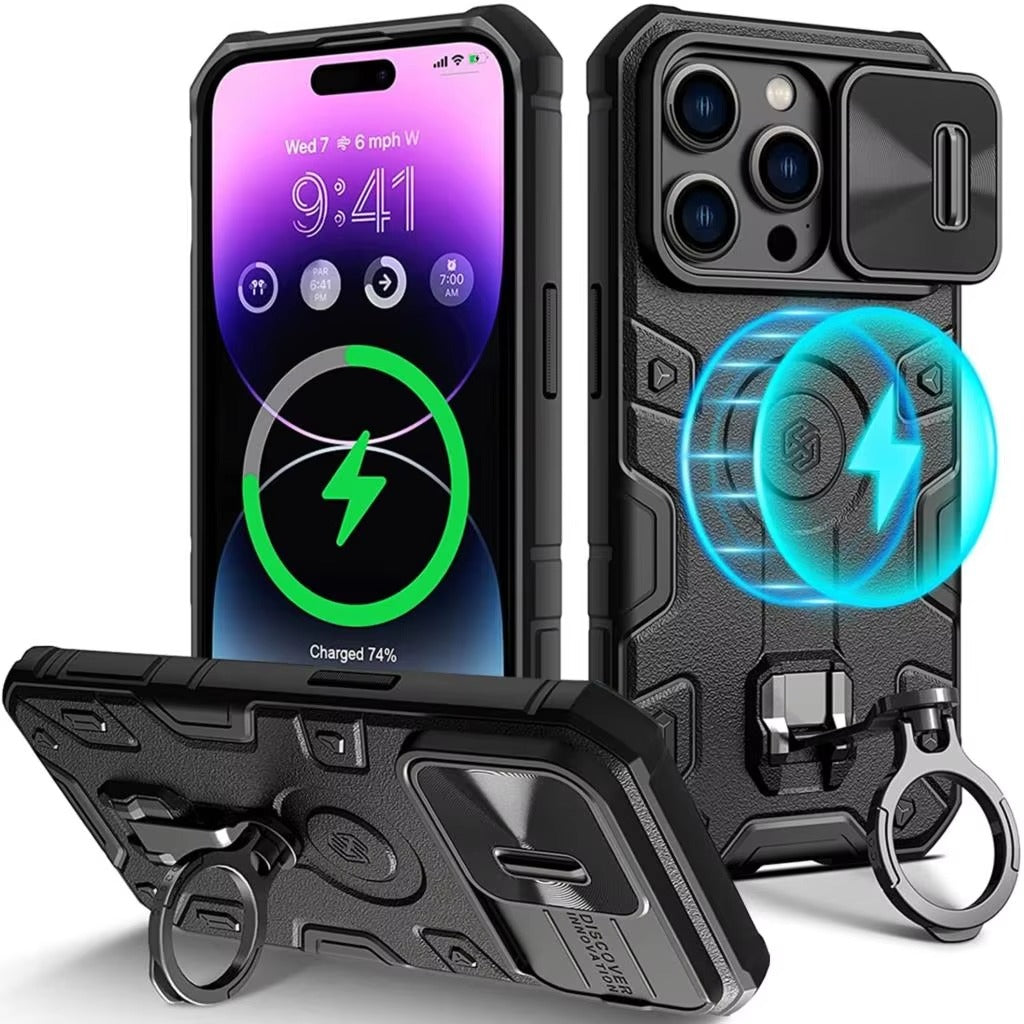 Premium Apple iPhone Case, MagSafe Compatible, Camera Lens & Screen Protection, Ultra Thin, Shockproof, Magnetic Full All Around Cover – Heavy Duty Hard PC Case with Slide Camera Cover & Built-In Kickstand