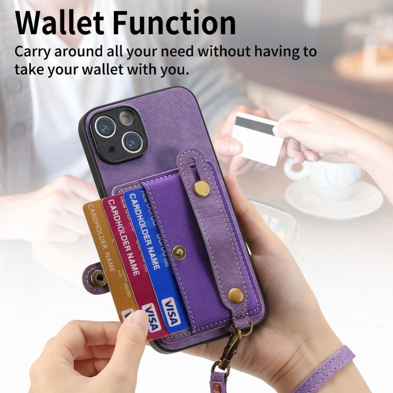 Luxury PU Leather Wallet iPhone Case with Wrist Strap – Stand Function, Card Holder, Protection for Secure and Convenience
