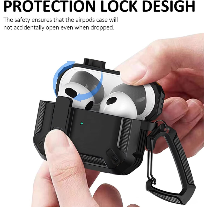 Premium Carbon Fiber AirPods Case Cover – Shockproof TPU Hard Shell with Secure Lock, Keychain, Wireless Charging Compatible for AirPods Pro 2, 3, 2, 1 & 4