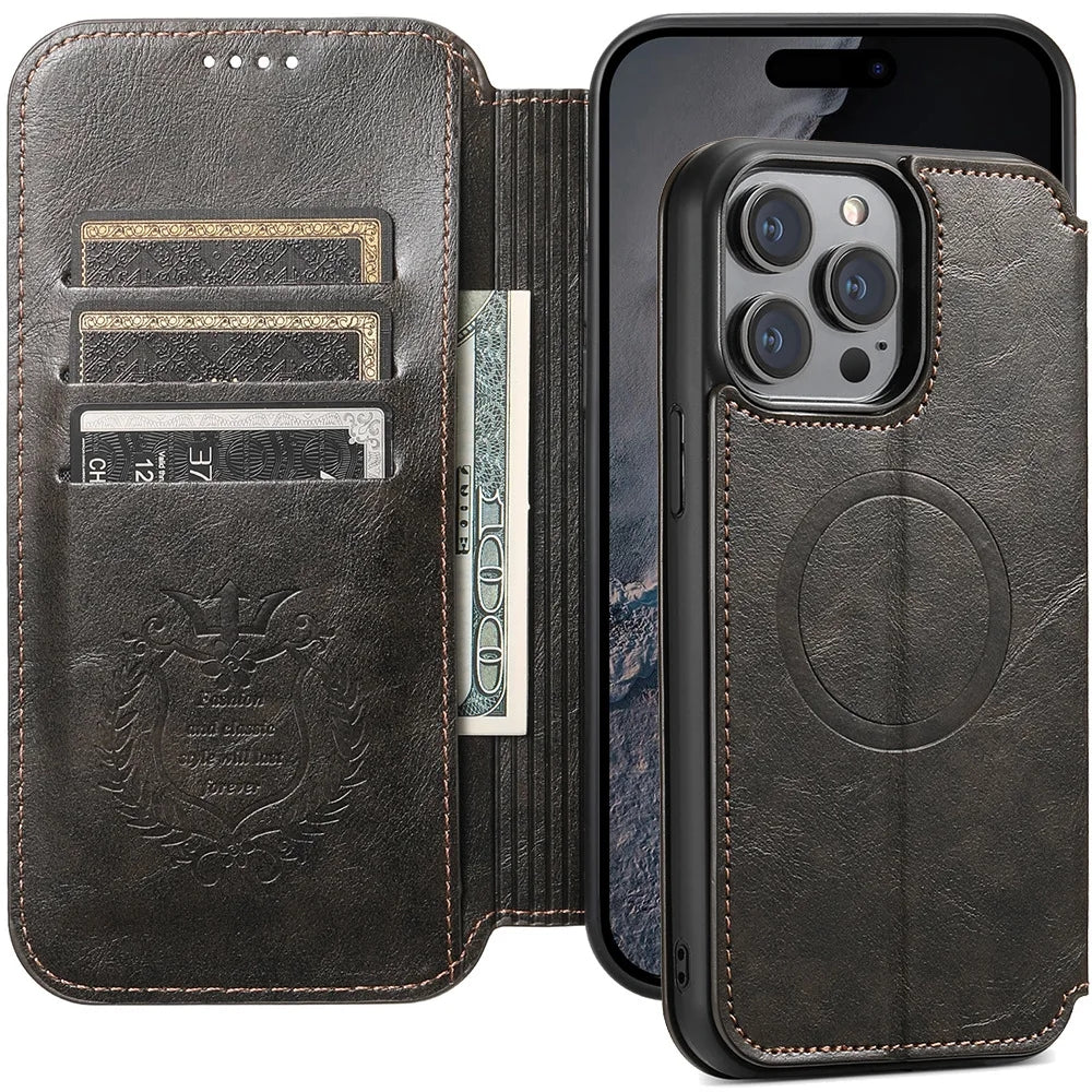 Luxuriöse Leder Magnetic Flip iPhone Hülle – MagSafe Geldbörse Kartenhalter, kabellos aufladbar, stoßfesten Schutz, elegantes Design für iPhone Modelle