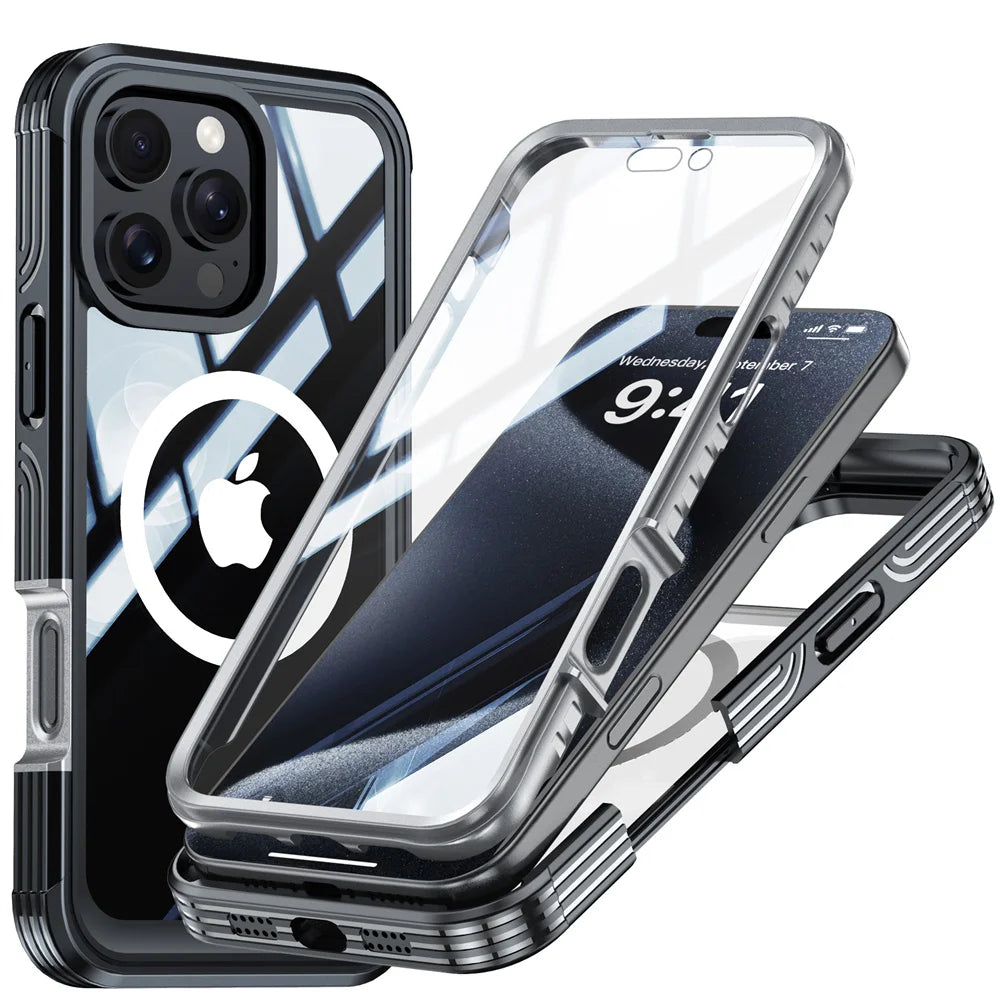Full-Body Protection Magnetic iPhone Case – Tempered Glass MagSafe Shockproof Cover for iPhone Models, Durable and Stylish