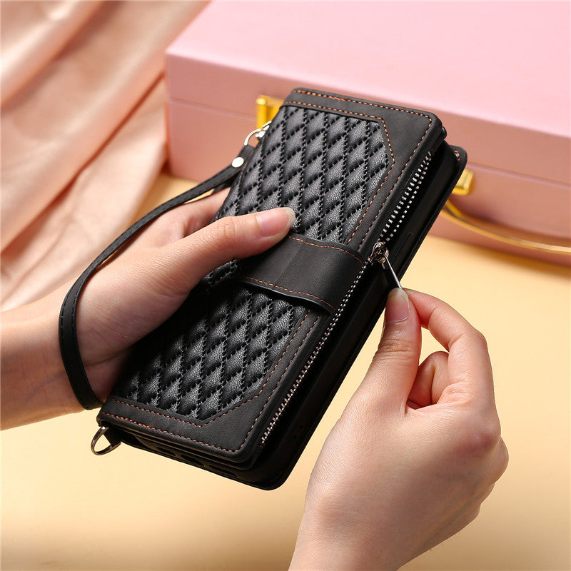Luxury Flip Leather Wallet iPhone Case – Long Lanyard, Zipper Closure, Card Holder, and Premium Design for iPhone