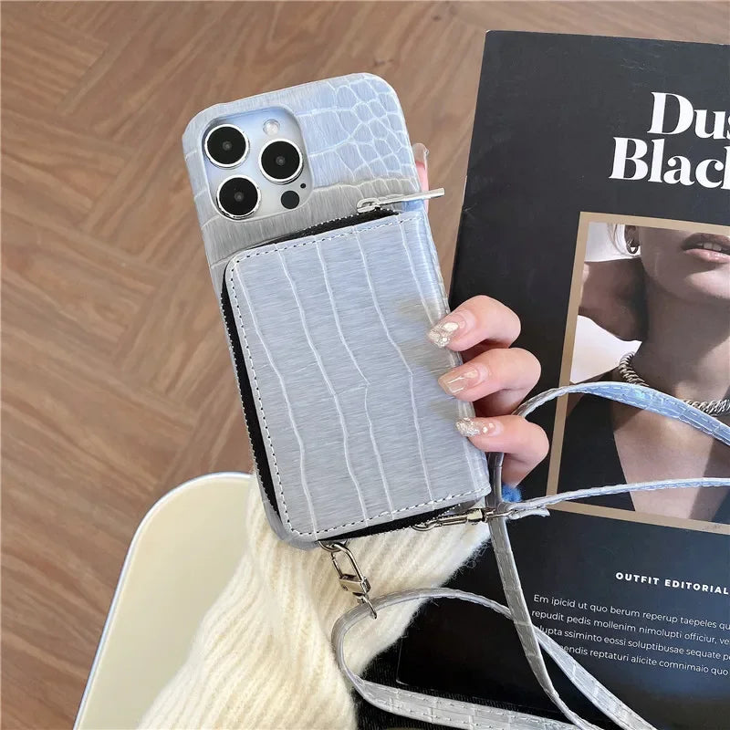 Luxuriöse Crossbody-iPhone-Hülle aus Krokodilleder – Reißverschluss-Geldbörse, Kartenhalter, stoßfeste Schutzfunktion und elegantes Design für sichere und stilvolle Bequemlichkeit