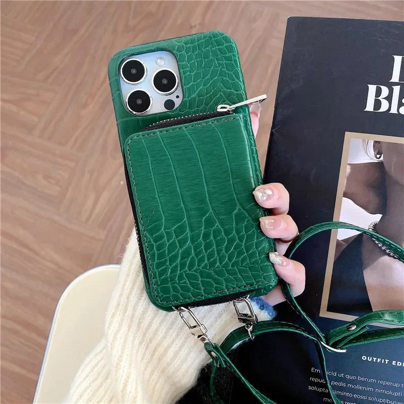 Luxuriöse Crossbody-iPhone-Hülle aus Krokodilleder – Reißverschluss-Geldbörse, Kartenhalter, stoßfeste Schutzfunktion und elegantes Design für sichere und stilvolle Bequemlichkeit