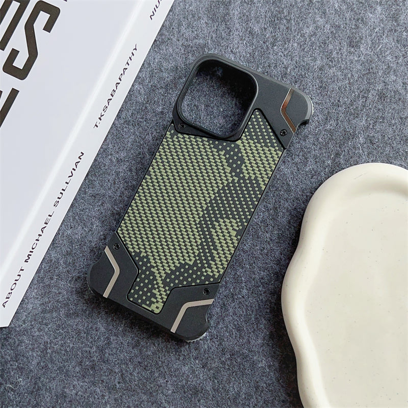 Camouflage Metal Armor Case Frameless Real Carbon Fiber Cover with Built-In Magnet for iPhone Models, Durable and Protection