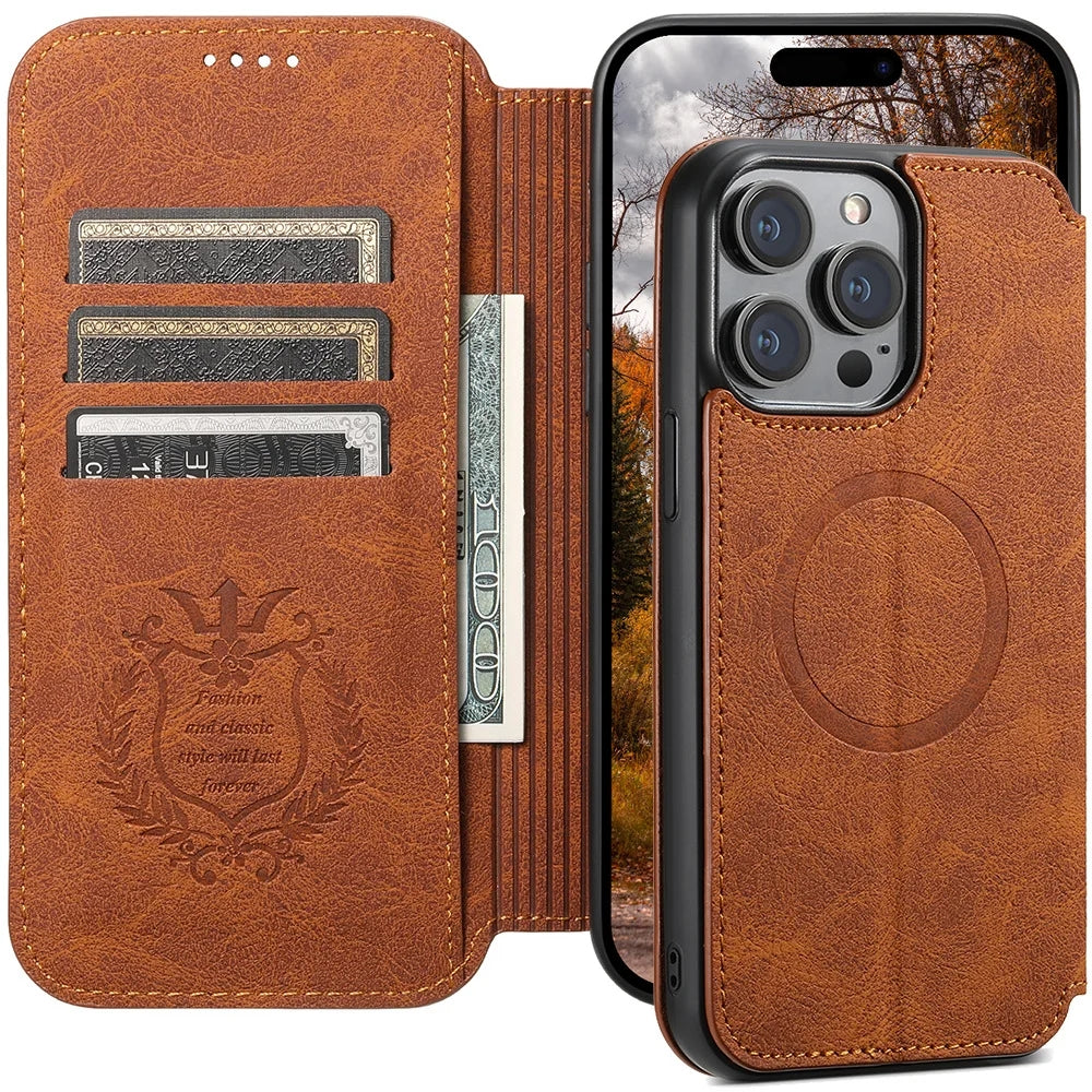 Luxuriöse Leder Magnetic Flip iPhone Hülle – MagSafe Geldbörse Kartenhalter, kabellos aufladbar, stoßfesten Schutz, elegantes Design für iPhone Modelle