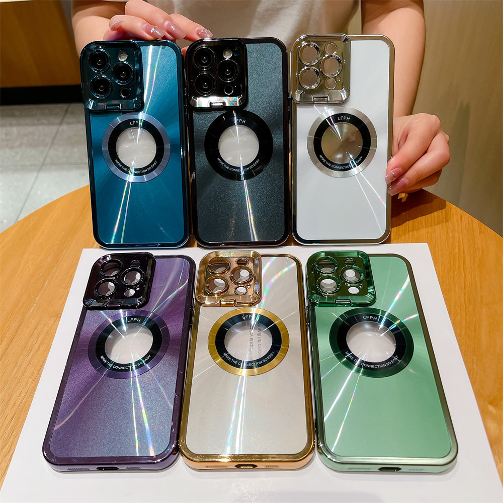 Premium Aurora Magsafe iPhone Case – Magnetic Plating CD Pattern, Shockproof, Stand Bracket, Logo Hole, Durable Protection,
