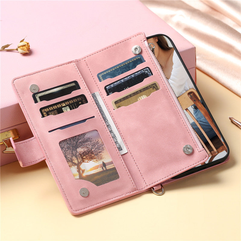 Luxury Flip Leather Wallet iPhone Case – Long Lanyard, Zipper Closure, Card Holder, and Premium Design for iPhone