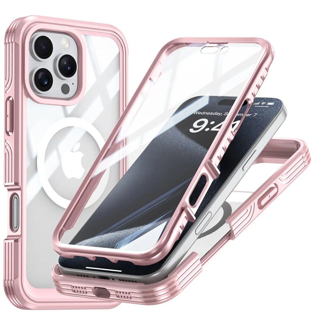Full-Body Protection Magnetic iPhone Case – Tempered Glass MagSafe Shockproof Cover for iPhone Models, Durable and Stylish