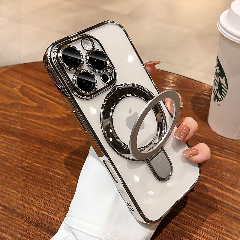 Luxury Plating MagSafe iPhone Case Transparent Acrylic Magnetic Cover with Stand Holder Shockproof PC Bumper Case for iPhone
