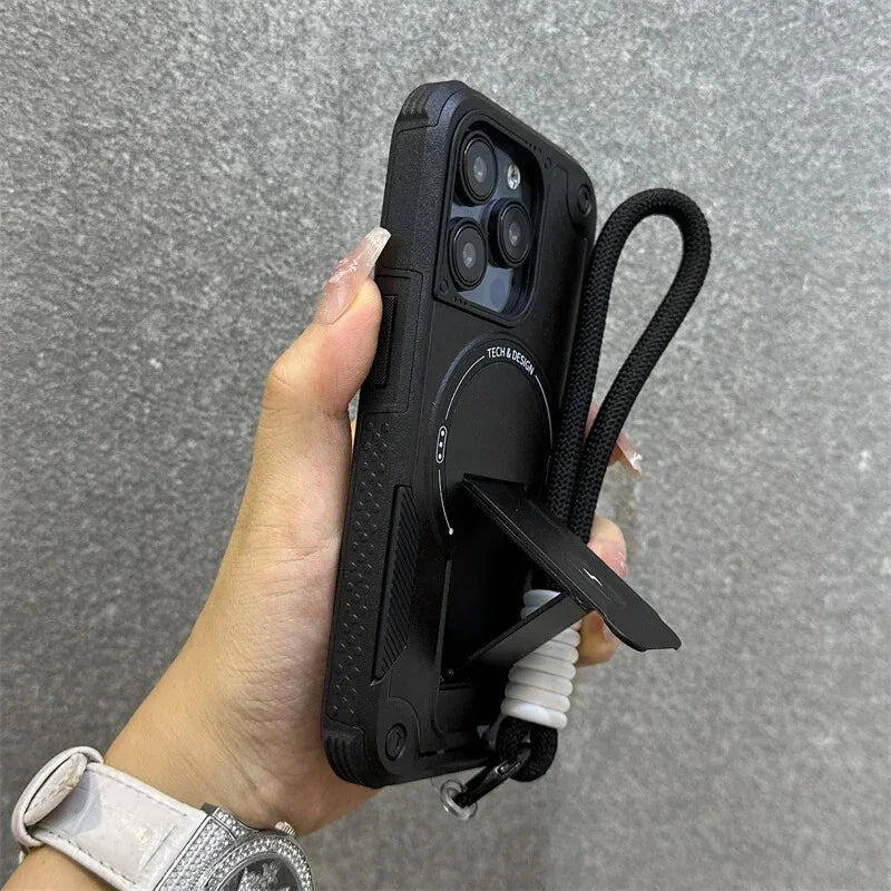 Deluxe Armor Stealth Bracket iPhone Case – Magnetic Super Fall Proof, Hard Shell with Lanyard, Protection for iPhone Models