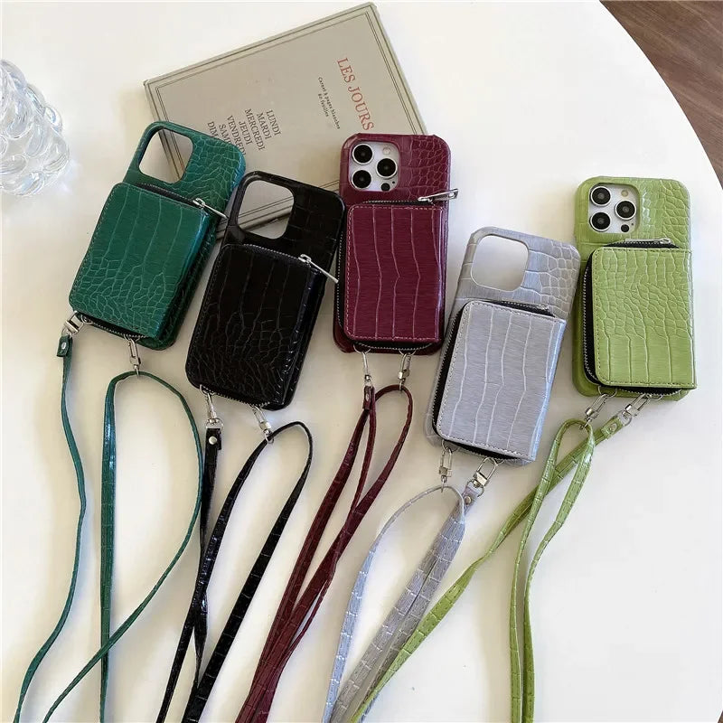 Luxuriöse Crossbody-iPhone-Hülle aus Krokodilleder – Reißverschluss-Geldbörse, Kartenhalter, stoßfeste Schutzfunktion und elegantes Design für sichere und stilvolle Bequemlichkeit
