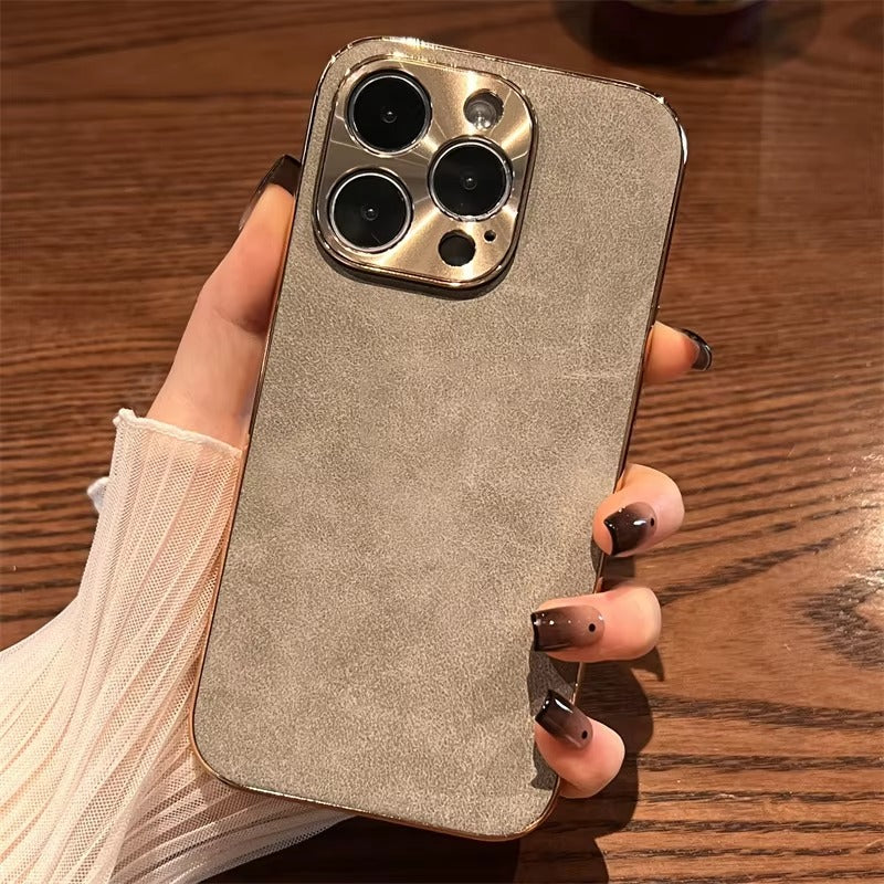 Luxury Leather iPhone Case – Lambskin Texture, Plating Bumper, Metal Lens Protection, Stylish & Durable Cover Case for iPhone