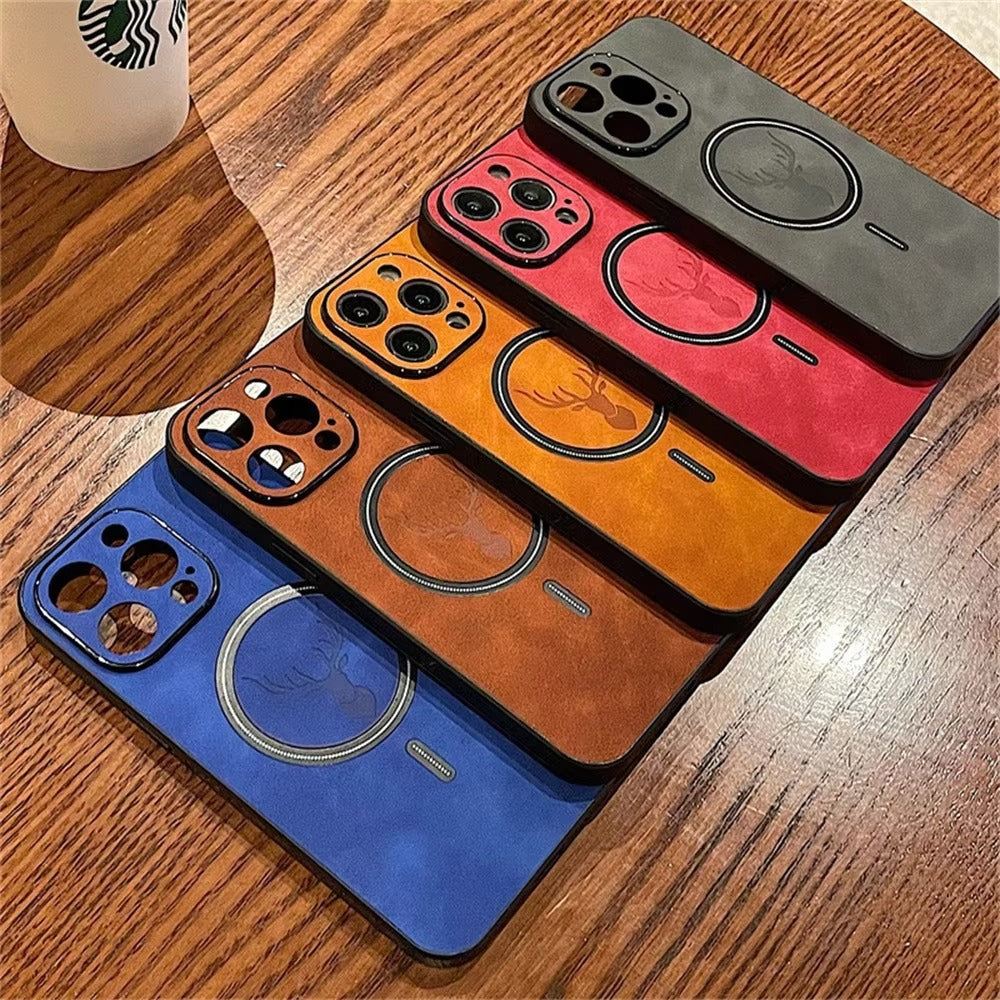 Luxury PU Leather MagSafe iPhone Case – Deer Embossed Design, Stylish & Durable Full Protection Cover | Case for iPhone