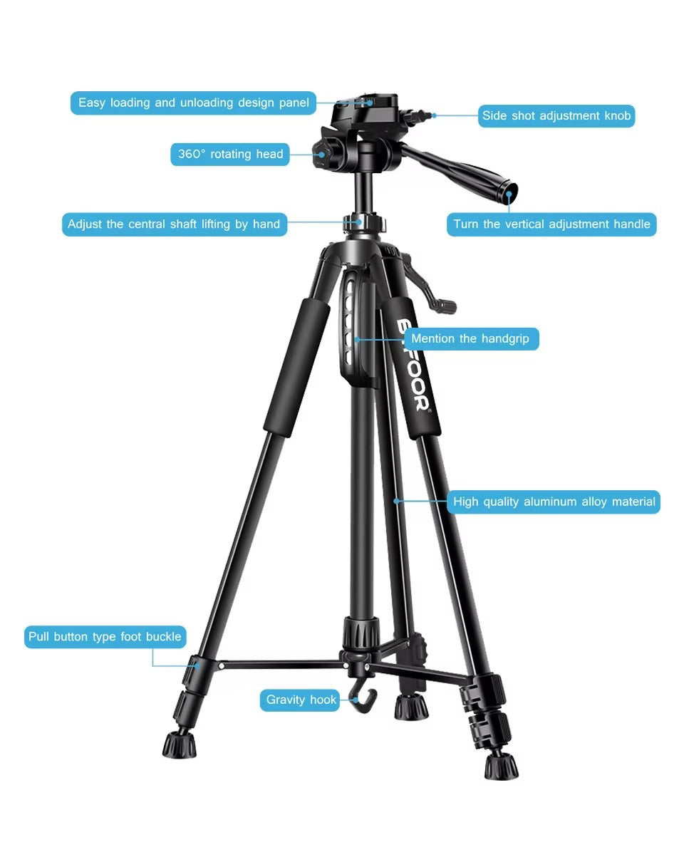 Premium, 55" Aluminum Phone Tripod Stand – 140cm Height, Quick Release Plates, Adjustable Pan Head Mount for Travel