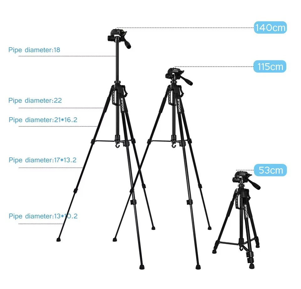 Premium, 55" Aluminum Phone Tripod Stand – 140cm Height, Quick Release Plates, Adjustable Pan Head Mount for Travel